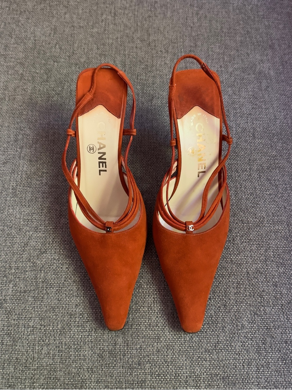 Vintage Chanel orange suede heels